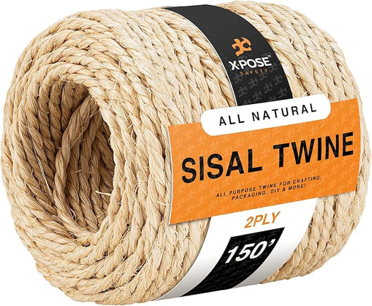 Sisal Twine - 2 Ply 150 Ft Thin Natural Fiber Rope on Spool - Cat Scratching Post, Rope for Cat Scratcher, Cat Tree Replacement Parts, Pet Toy - Decorative Cordage for Crafts, Pole Wrap