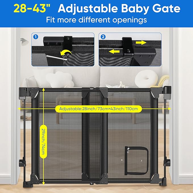 Upgraded 28-43" No Bottom Bar Baby Gate,Heavy-Duty Hardware Mount Dog Gate with Cat Door, Adjustable Baby Gate,for House/Stairs/Doorways Use, Safety Pet Gates, Walk Thru Door