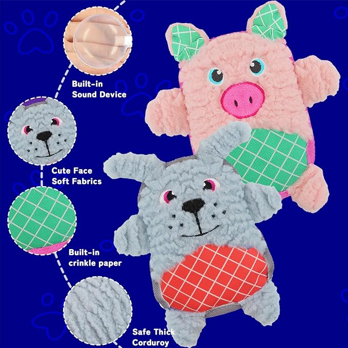 Crinkle Dog Toys Squeaky Plush No Stuffing Cute Puppy Stuffless Tough Rop Pull Toy, Fun Dog Stuffed Animals Durable Chew Set for Small Medium Large Pup (Large, Pink Pig+Blue Dog)