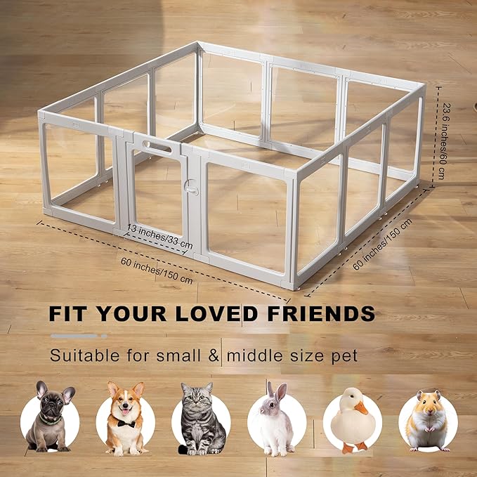 Clear Acrylic Plastic Dog Playpen Indoor - Easy Assemble Small Pet Play Pen for Puppy Cat Rabbit Pig Transparent Fence Enclosure Crate Kennel Whelping Cage (Grey, 12 Panel)