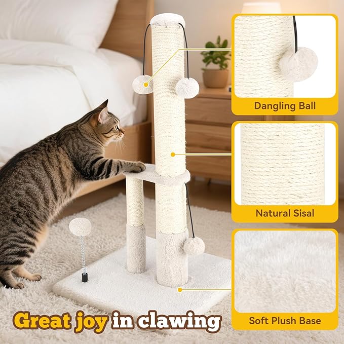 Dimaka Tall Cat Scratching Post, Double Lower Posts Extra Stable Cat Post Tree Scratcher with Sisal Rope and Teasing 4 Balls Total Large Base (Beige)