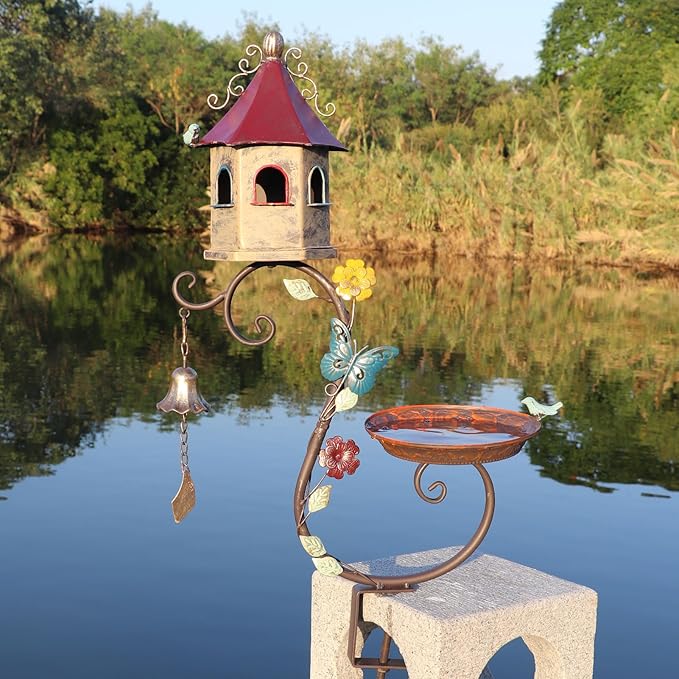 Deck Bird Bath, 2 in 1 Metal Bird Bath and Bird Houses, Decorative Deck Mounted Bird Baths, Detachable and Adjustable Sturdy Deck Bird Bath for Outdoor Porch Yard Garden Decoration