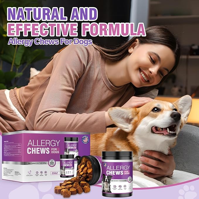 Dog Allergy Chews 500PCs, Dog Allergy and Itching Skin Relief Anti Itch Aller Immune Bites for Dogs Itching Licking Paws Treatment Relief Itchy Chew Probiotics Vitamins for Skin and Coat Allergies