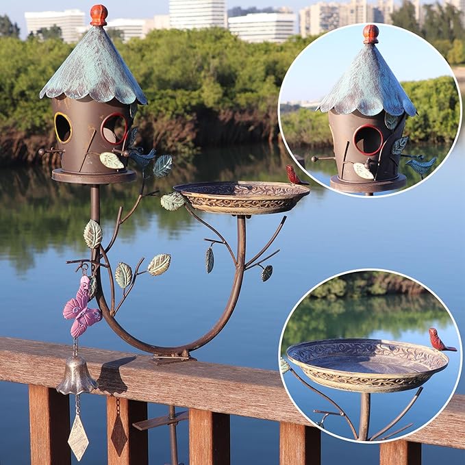 Deck Bird Bath, Metal Bird Bath and Bird Houses, Decorative Deck Mounted Bird Baths, Detachable and Adjustable Sturdy Deck Bird Bath for Outdoor Porch Yard Garden Decoration