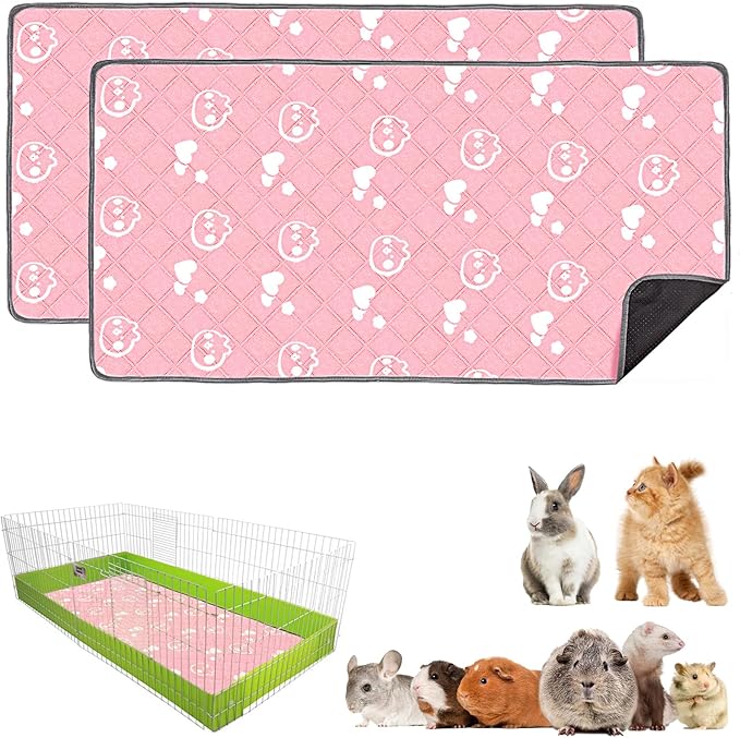2 Pack Guinea Pig Bedding - Washable Guinea Pig Liner for Midwest Cage, Waterproof Reusable & Anti Slip Pee Pads Super Absorbent Mats for Small Animals Rabbit Hamster Rat (Pink, 48 x 24 Inch)