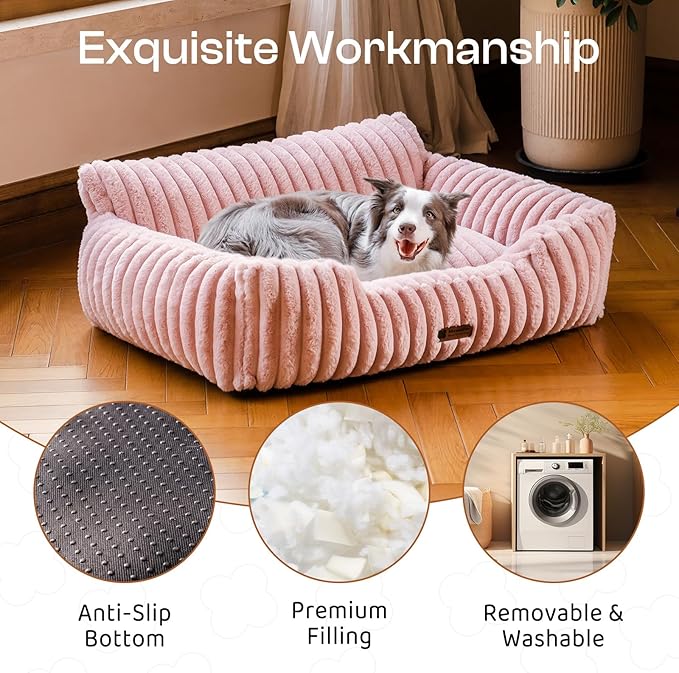 MEWOOFUN Dog Sofa Bed, Fluffy Dog Couch with Removable Washable Cover, Supportive Puppy Bed for Medium Sized up to 45 lbs (Pink, 36x28x12)