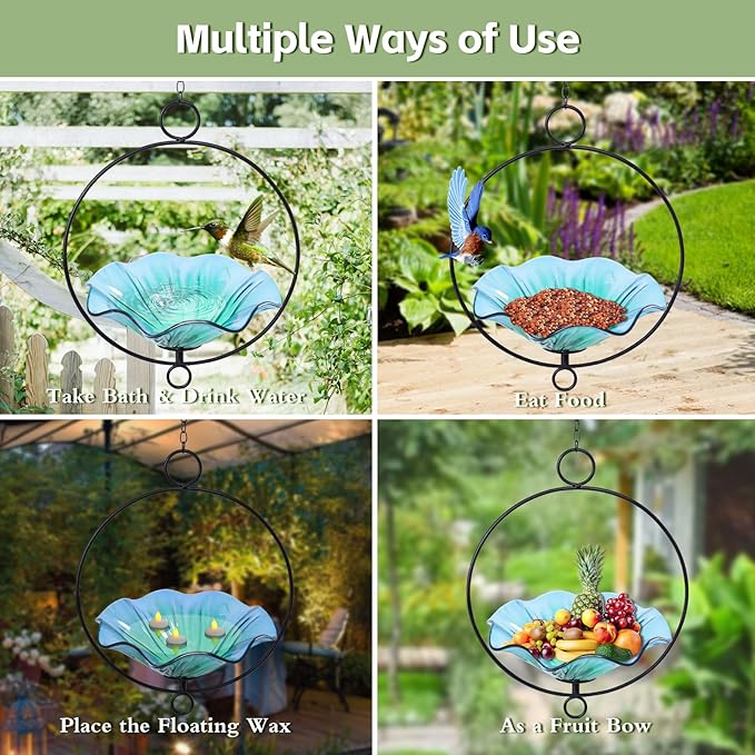 MUMTOP Hanging Bird Bath-Bird Baths for Outdoors - Flower Glass Bird Water Bowl with Hanging Circle, Bird Feeders for Outside, Garden, Lawn Yard Decor(Cyan)
