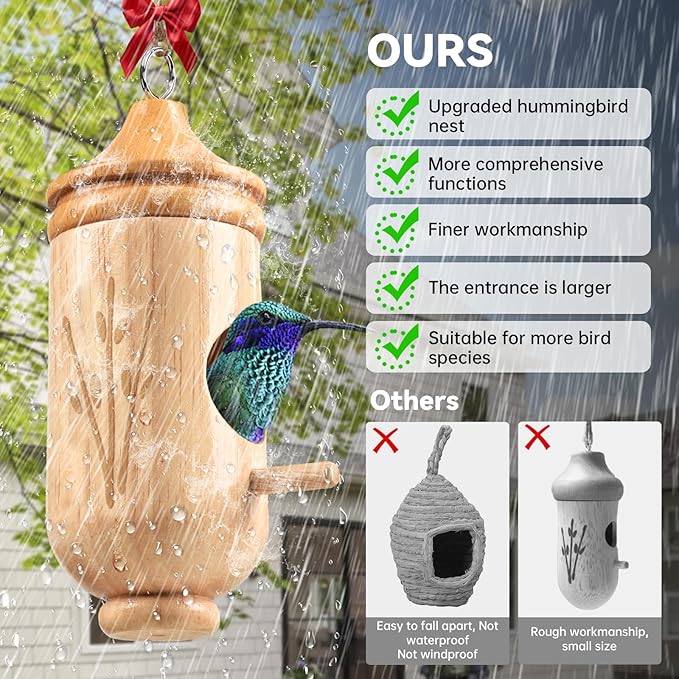 Hummingbird House, Solid Wood Hummingbird Houses for Outside-Exquisitely Handcrafted Birdhouse with Bow and Jute String Hanging Kit, Durable Garden Decor, Perfect Gardening Gift (Style-B, 1 Pack)