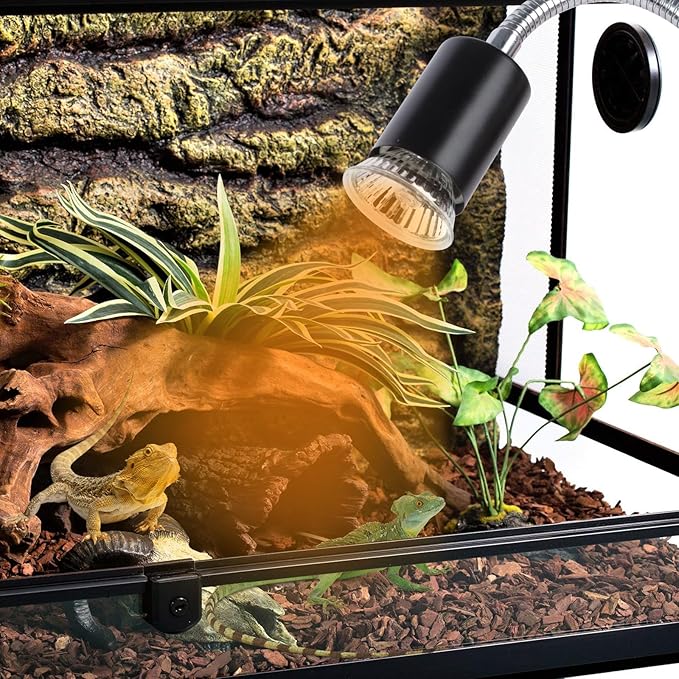 LUCKY HERP Reptile Heat Lamp with Clamp, Aquarium Turtle Tank Basking Light with 360° Rotatable Timing & Dimming and 2 Pack 50W UVA UVB Heat Light Bulb for Turtle Tortoise Lizard