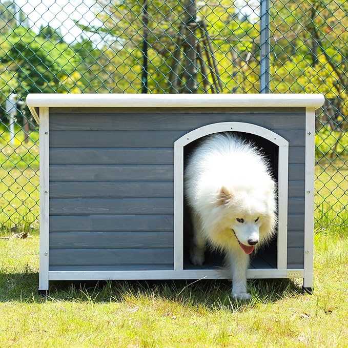 Petsfit Wooden Dog House Extreme Outback Log Cabin Weatherproof Outdoor Pet Kennel, Light Grey, Large/45.6" x 30.9" x 32.1"