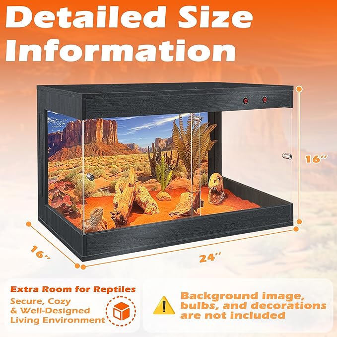 Royxen Tempered Glass Reptile Tank 29 Gallon, Reptile Enclosure with Metal Mesh Top and Lockable Design, Bearded Dragon Tank for Lizard Habitat, 24"x16"x16", Black