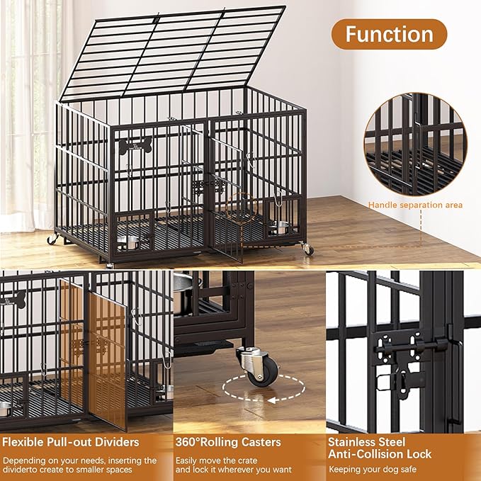 Dosker 48/42 inch Stackable Heavy Duty Metal Dog Crate for 4 Dogs/Large Dog,All Metal Open Top Access,Escape Proof Cage,Dog Kennel Indoor with Wheels,Floor Grid, Tray, Divider and Feeding Bowl