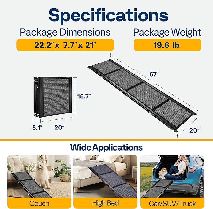 VIVOHOME Dog Ramp for Car, 67" x 20" Wider Pet Stair Ramp for Dogs with Anti-Slip Carpet Soft Surface for Medium or Large Dogs Get Into a Car, SUV & Truck, Portable Folding Dog Ramp Up to 200 LBS