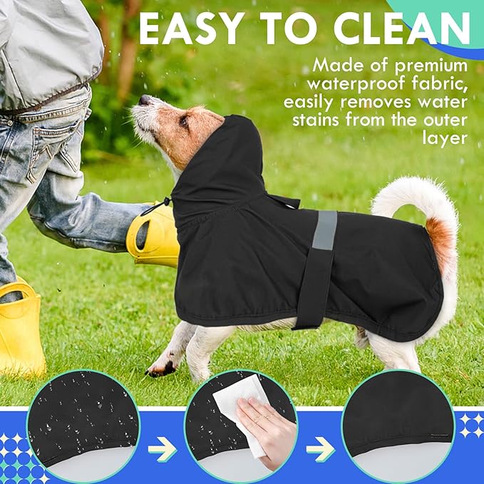 MIGOHI Dog Rain Jacket, Waterproof Rain Coat for Dogs | Outdoor Dog Raincoat with Hood, Windproof & Breathable, Reflective Strips for Safety, Black, M