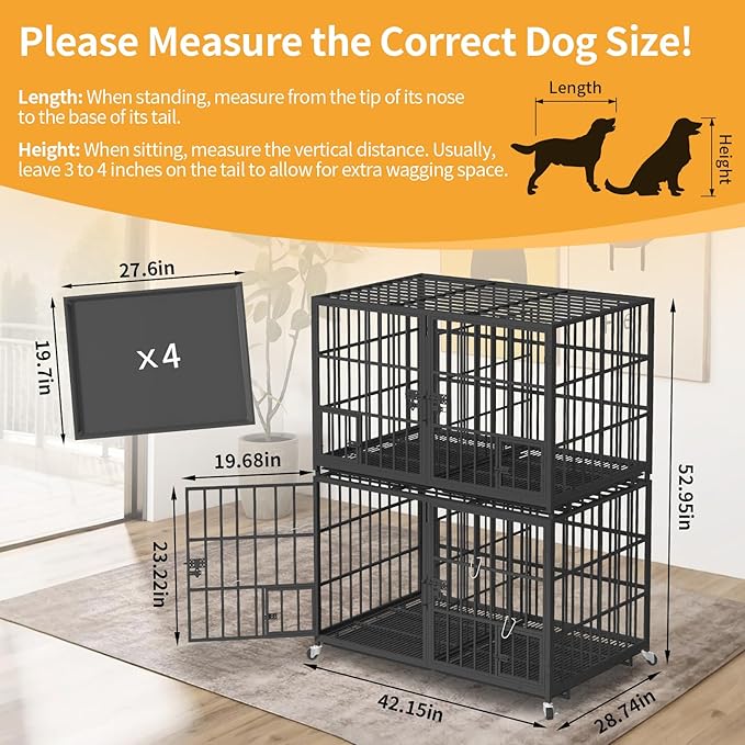 42 inch Stackable Heavy Duty Dog Crate with Open Top,Metal Double Dog Cage for 4 Dogs/Medium Dog,Dog Kennel Indoor with Wheels,Removable Trays, Divider