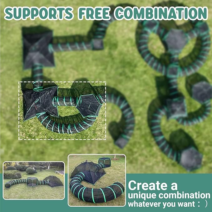 4-in-1 Outdoor Cat Enclosure, Enclosed Cat Tent Include 2 Tents & 2 Tunnels, Portable Pet Playpen for Kitty and Small Animal Within Storage Bag, Support Expansion