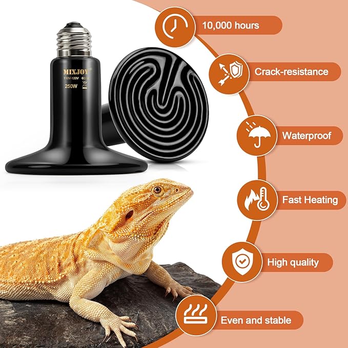 MIXJOY 250W Reptile Heat Lamp 2Pack Ceramic Heat Emitters Reptile Heat Lamp Bulbs, No Light Emitting Ceramic Heat Bulbs for Amphibian Terrarium Reptile Gecko Lizard Bearded Dragon Turtle Chicken Snake