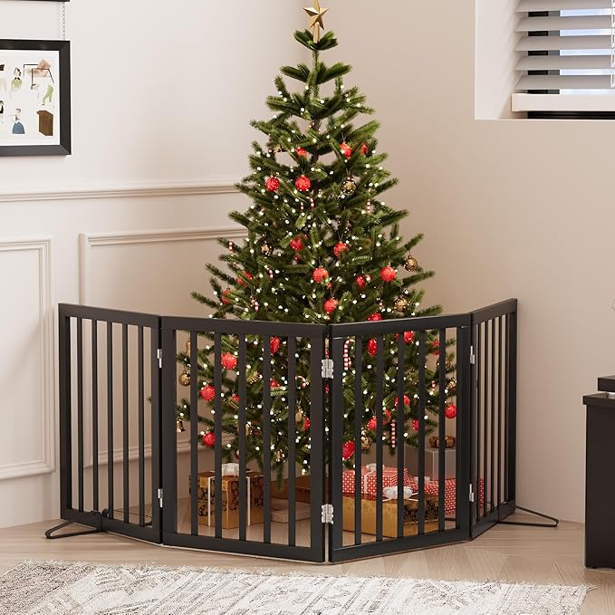 Dog Gate, Freestanding Dog Gates for Doorways, Foldable Dog Gate Indoor, Pet Gates for Doorways Bedroom, Puppy Gate with Metal Support Feet, Room Divider 4 Panels (Black)