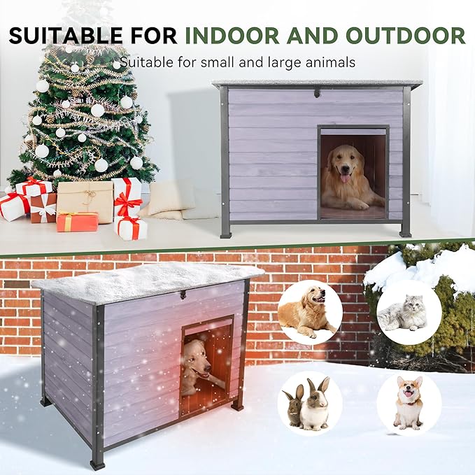 Dog House Outdoor Insulated with Prevent Chewing Iron Frame, Insulated cat House Outdoor Removable Floor and Open Roof for Dogs,Cat,Rabbits and Small Animals