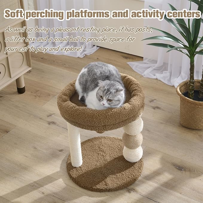 YOCAN Small Cat Tree Tower Indoor with Large Cozy Plush Top Perch, Natural Sisal Scratching Posts, Interactive Dangling Ball Great for Kittens and Cats (Brown)