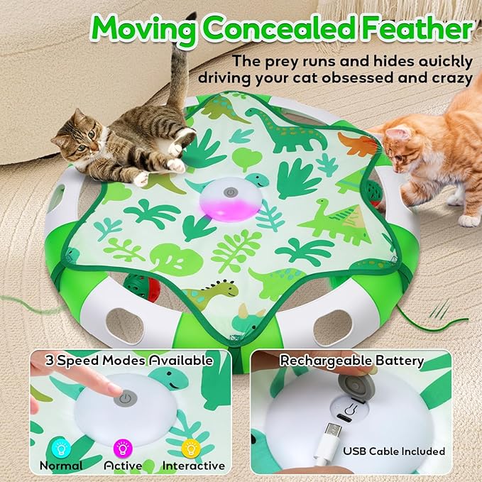 Cat Toys for Indoor Cats, Interactive Automatic Hide and Seek Toy, Moving Concealed Feathers Wand Teaser, Bird Chirping Squeaky, Touch Activated, Rechargeable Kitten Toys,Cat Bell Ball to Stimulate