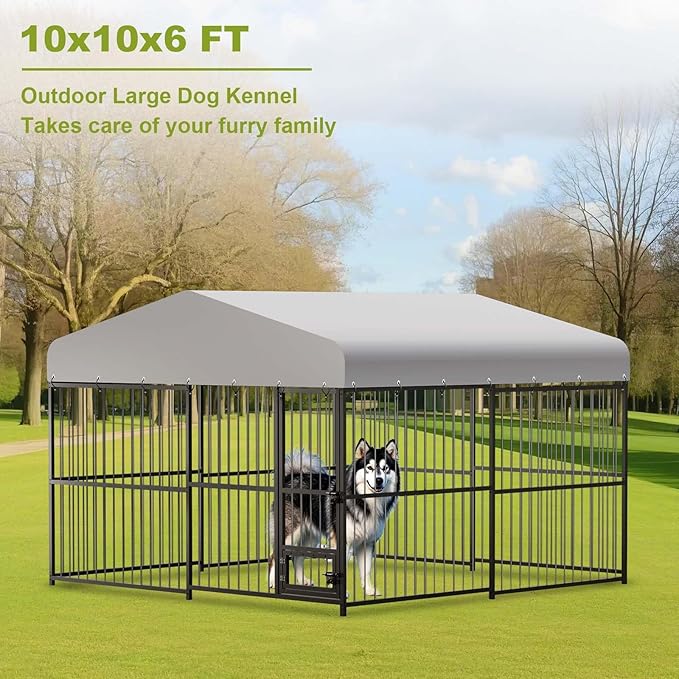 10X10x6FT Large Outdoor Dog Kennel with Swivel Feeder & UV-Resistant Waterproof Roof Covered, Heavy Duty Dog Cage Playpen for Medium and Large Dogs, Easy Assembly