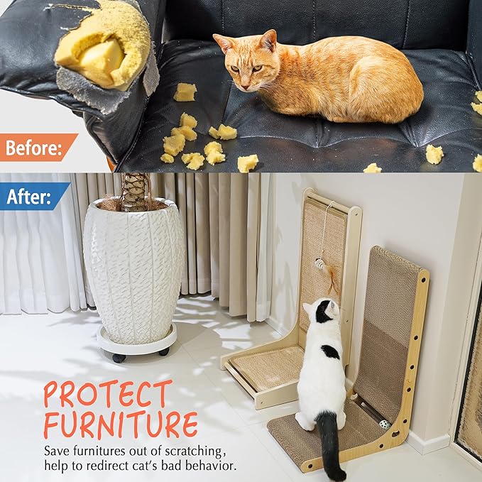 PETKARAY Cat Scratcher, Cat Scratching Board, L Shape Cat Scratch Pad for Indoor Cats, Floor Mounted Scratching Cardboard with Ball Toy