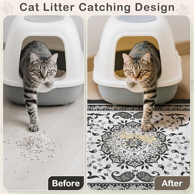 Unicorn Catcher Cat Litter Mat 40" x 30" Non-Slip Litter Box Mat Washable Litter Catcher Mat for Litter Box Indoor Food Mat Supplies Essentials, Black Mandala