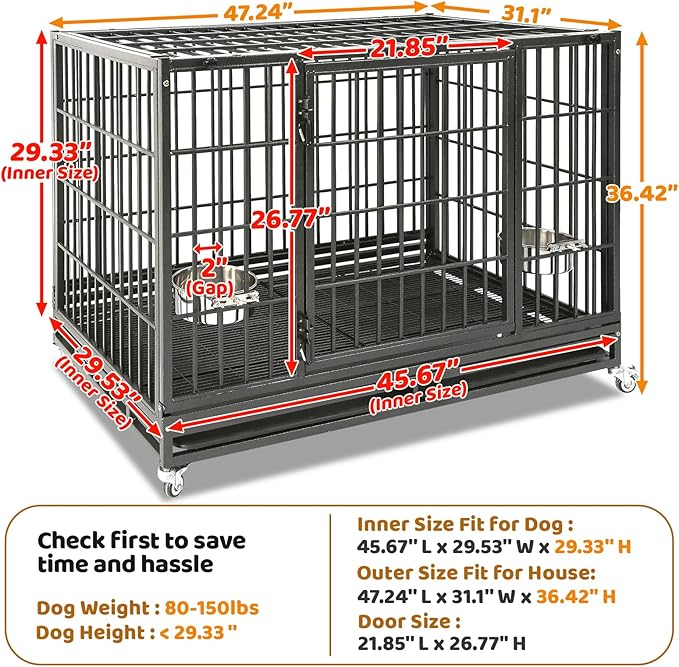 Homey Pet 48/43/37 Inch Heavy Duty Indestructible Dog Crate, Stackable Escape Proof Dog Cage Kennel Indoor with Two Trays, Metal Grids, Wheels, Bowls, Double Doors for High Anxiety Large Dogs