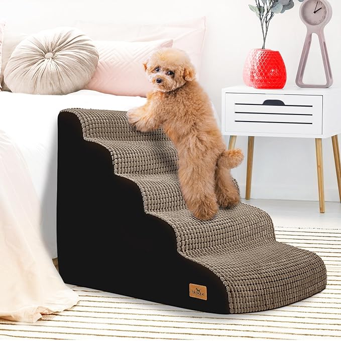 5-Step Dog Stairs for High Beds and Couch, Foam Ramp with Non-Slip Waterproof Fabric Cover, Brown Pet Stairs for Joints