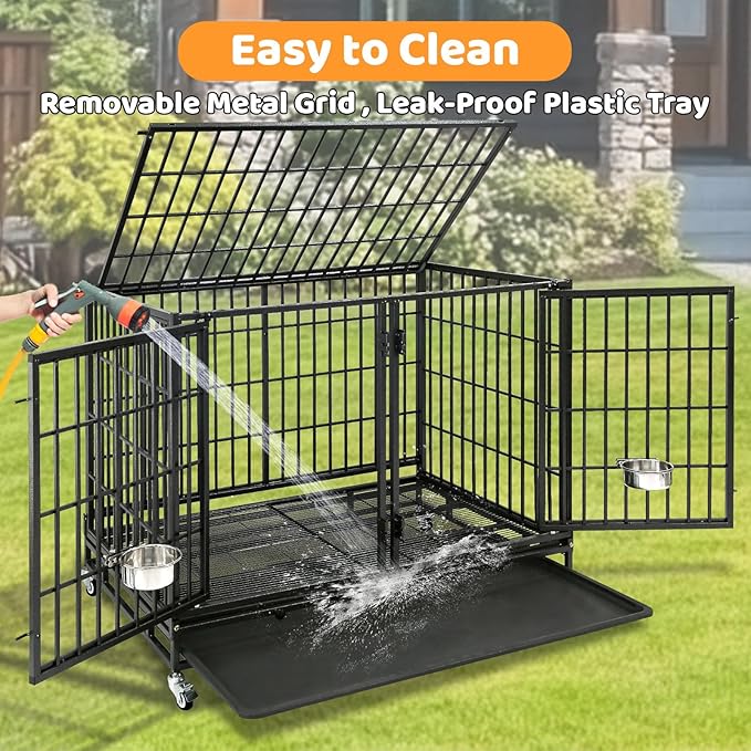 Homey Pet 43 Inch Stackable Heavy Duty Dog Crate Cage Kennel with Lockable Wheels, Removable Tray & Grid, Divider, Feeding Bowls, Escape Proof Drop Cage Bank for Small Medium Large Sized Dogs(3 Tiers)