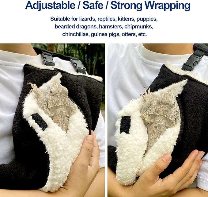 Adjustable Fluffy Bearded Dragon Sling Carrier Bag, Reptile Carrier with Leash Harness Lizard Cage Accessories for Small Animal, Kitty, Ferrets, Squirrel, Hamsters,Parrot (Black)