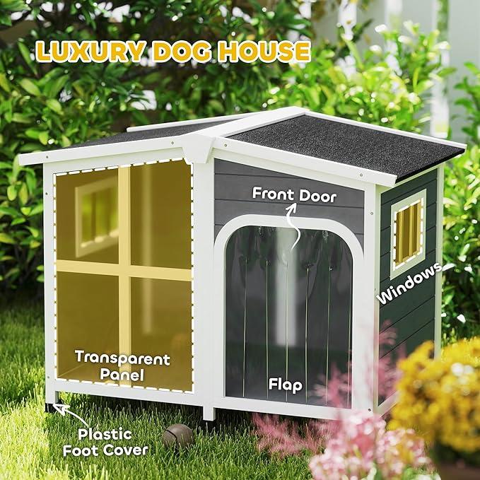 PawHut Cabin-Style Wooden Dog House for Large Dogs Outside with Openable Roof & Giant Window, Big Dog House Outdoor & Indoor, Asphalt Roof, Gray