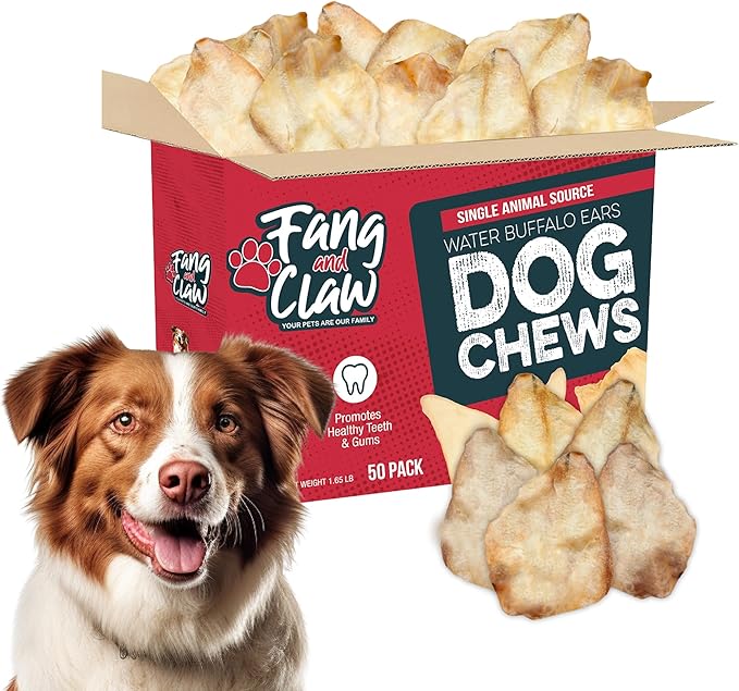 Fang & Claw Water Buffalo Ears for Dogs (50 Pack) - Free Range Grass Fed Low Calorie All Natural Dog Chews - Healthy Dental Chew Bone Alternative - No Rawhide Dog Chews - Long Lasting Natural Treats