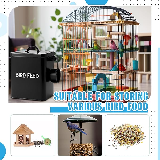 2 Pcs Metal Bird Seed Container with Scoop, Bird Feed Storage Container with Fitted Lid, Ideal Gift for Birds and Pet Owners (Black)