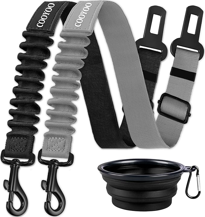 COOYOO Dog Seat Belt,3 Piece Set Retractable Dog Car Harness Adjustable for Vehicle Nylon Pet Safety Heavy Duty & Elastic