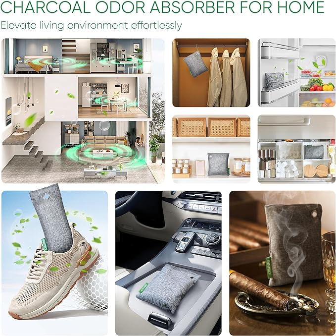 Activated Charcoal Odor Absorber, 6 Pack Natural Shoe Odor Eliminator, Bamboo Charcoal Air Purifying Bags, Sneaker Deodorizer and Moisture Absorbers for Clean Footwear, Shoe Odor Remover