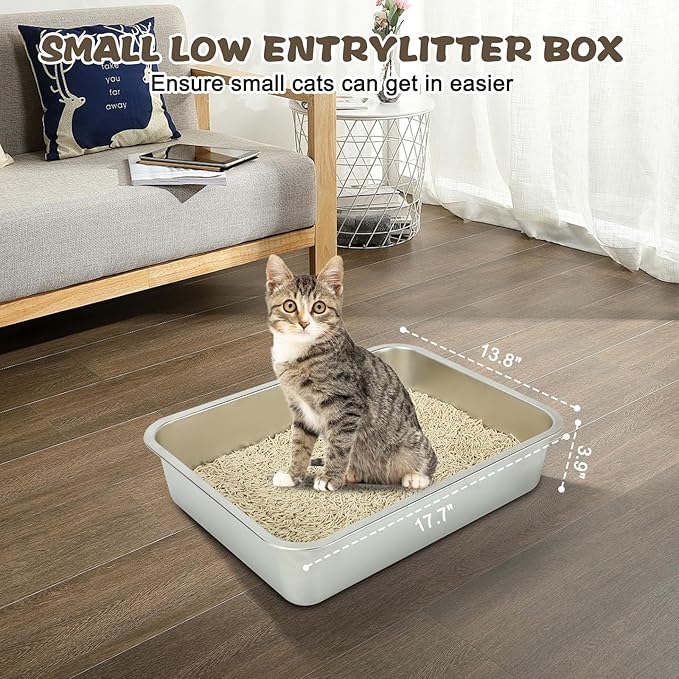 Rypet 2 Packs Stainless Steel Litter Box Metal Litter Box for Cats High Back Litter Boxes Non-Stick Cat Poop Box๏ผEasy to Clean(17.7"*13.8"*3.9")