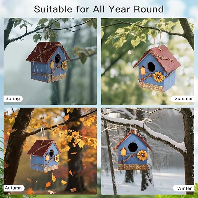 DEWEL Bird Houses for Outside Clearance, Hanging Birdhouses for Outdoors, Garden Wooden Blue Bird Houses for Outdoors, Bird Nesting Box for Bluebird Finch Swallow Wren Chickadee, Gift for Bird Lovers