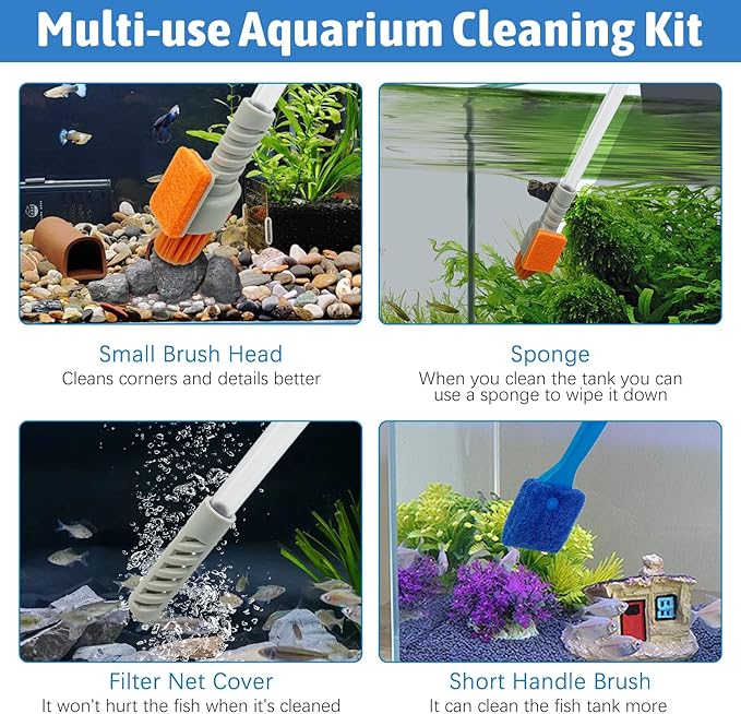 PINVNBY Aquarium Vacuum Gravel Cleaner Kit Manually Fish Tank Cleaner with Cleaning Brush & Suction Cup Fish Tank Water Changer Aquarium Siphon Sand Cleaning for Small Fish Tank