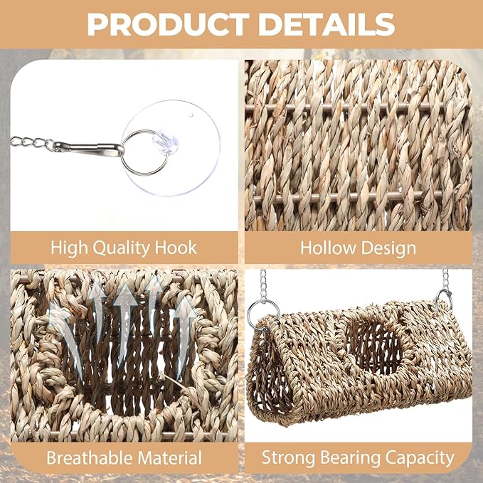Reptile Hide Cave Hollow Cave Hideout with 2 Pcs Suction Cup and Chains Gecko Hide Reptile Tank Decor Seagrass Fiber Climbing Toys for Lizard Snakes Hermit Crabs (Triangle)