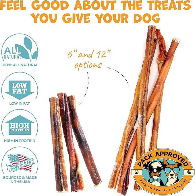 Standard Beef Bully Sticks for Medium Dogs - Long Lasting Dog Chews for Aggressive Chewers - Dog Bully Sticks for Medium Dogs - 6” (12ct)