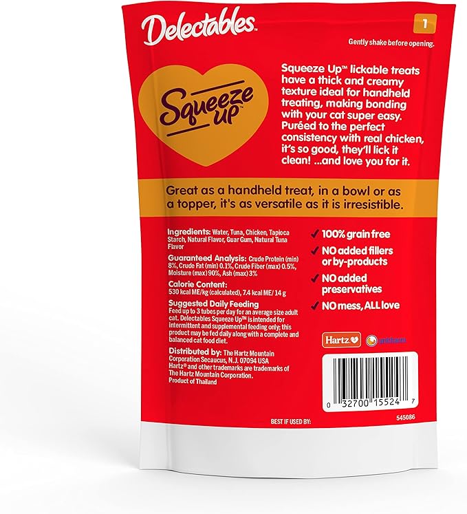 Hartz Delectables Squeeze Up Interactive Lickable Wet Cat Treats for Adult & Senior Cats, Tuna & Salmon, 4 Count(Pack of 8)