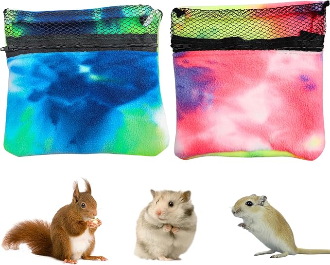 2 Packs Pet Bonding Pouch, Colorful Small Animal Carrier with Breathable Mesh Window, Pet Travel Carrier Accessories for Gerbils, Squirrels, Hamsters, Little Snakes, Geckos