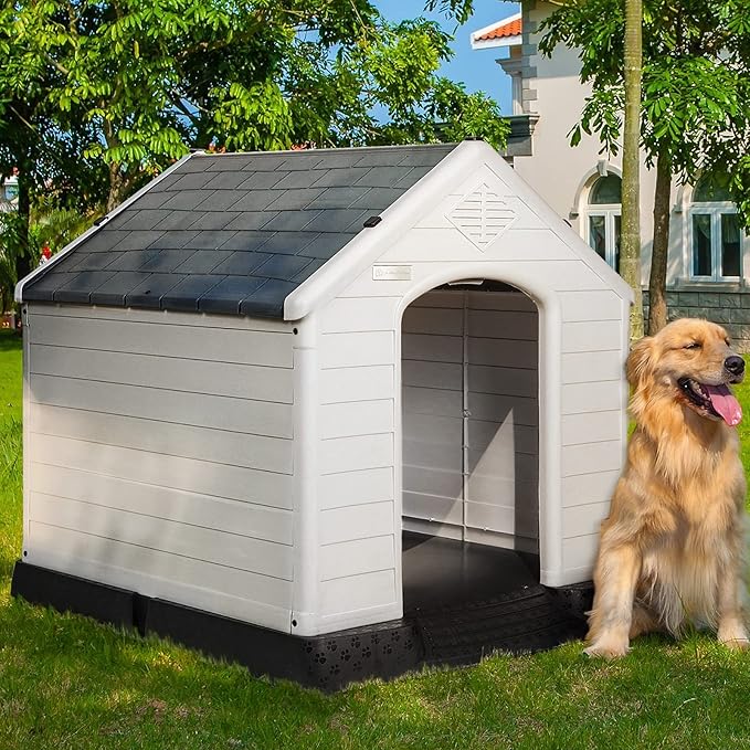 PUKAMI Durable Plastic Dog House with Elevated Floor and Air Vents for Outdoor Indoor Small Medium Large Dogs,Waterproof Ventilate & Easy Clean and Assemble(Grey, 42inch)