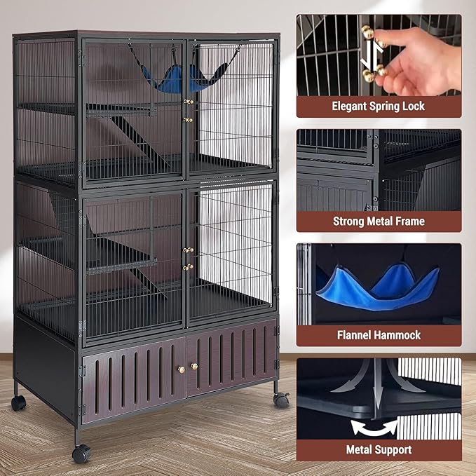 60" Large Metal Ferret Cage, Metal Large Guinea Pig Cages 5 Levels with Lockable Doors, Ramps, Wheels, Squirrel Cage for Chinchillas, Ferrets, Guinea Pigs, Rats, Hammock