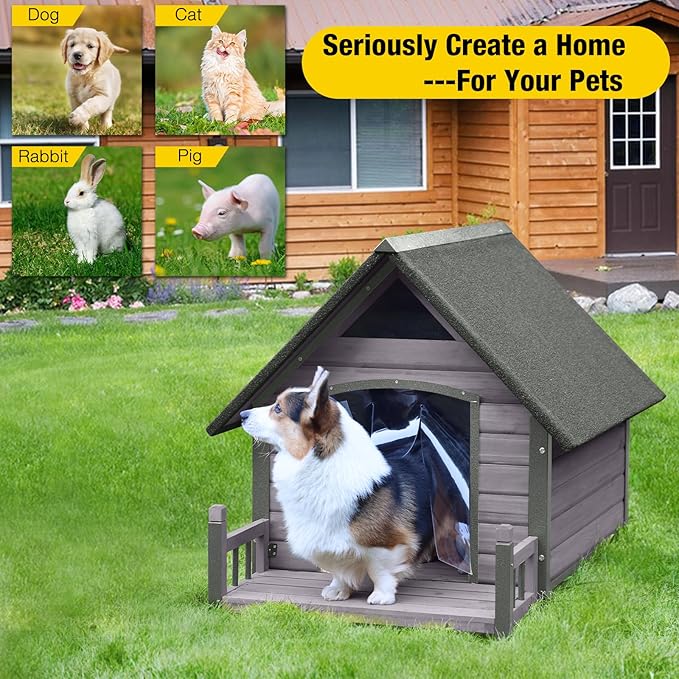 Dog House Outdoor,Dog Kennel Outside for Large Breed, Weatherproof Large Dog Shelter with Anti-Chewing Iron Frame (Grey-N, 45" D x 32.9" W x 32.6" H)