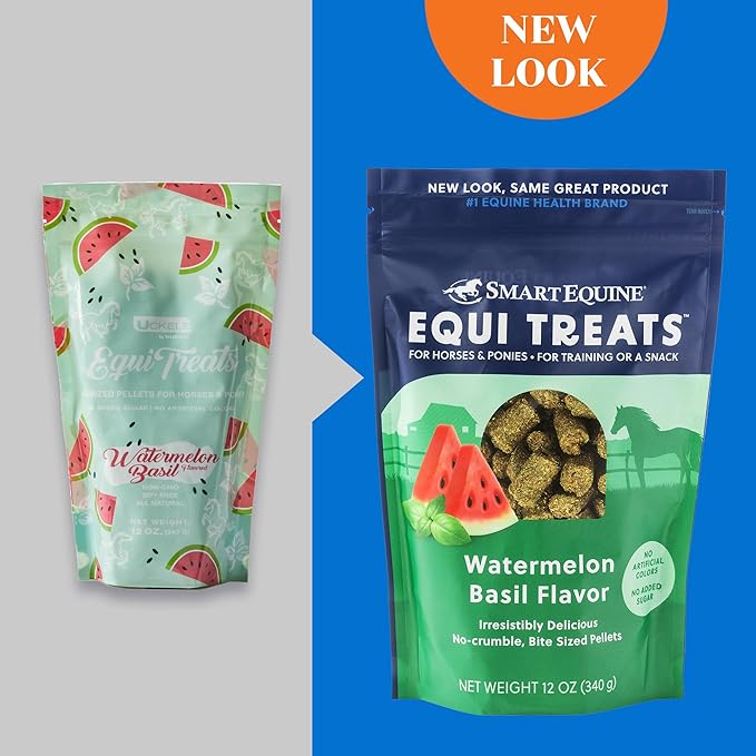 Equi Treats | Made with Timothy Grass & Sunflower Meal | High-Fiber Horse Treats | Low ESC & Starch | Bite-Sized | No Added Sugar | Watermelon Basil Flavor Cookies for Horses | 4 LB