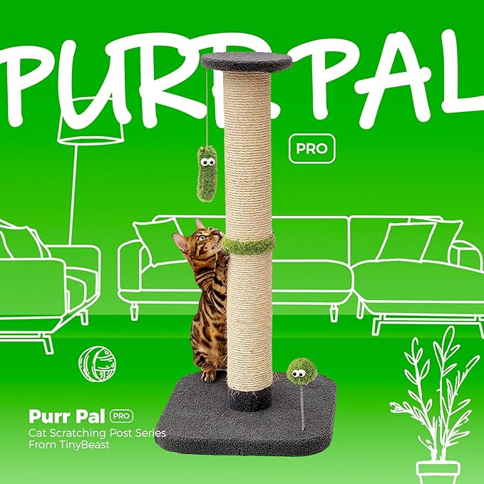 TINYBEAST 34.7" Tall Cat Scratching Post, 3 in 1 Heavy Duty 4.3" Diameter Natural Sisal Post with Hanging Bell Ball, Reinforced Stable Base for Indoor Adult Cats and Kittens(Grey)