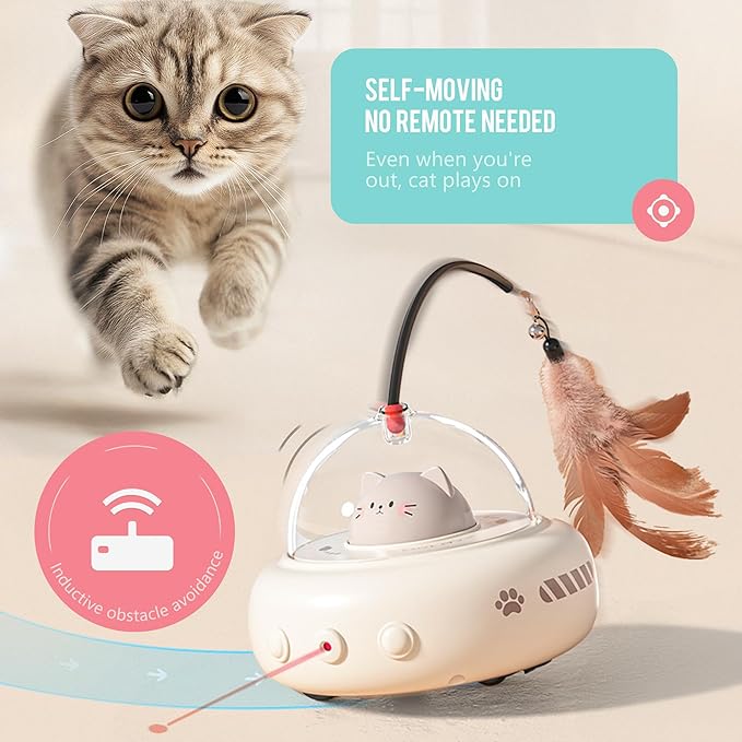 Li&Zhao Interactivity Cat Toy - Automatic Laser Feather Cat Toy, Rechargeable 2 in 1 Cat Electric Toy for Boring Indoor Adult Cats/Kittens(Beige)
